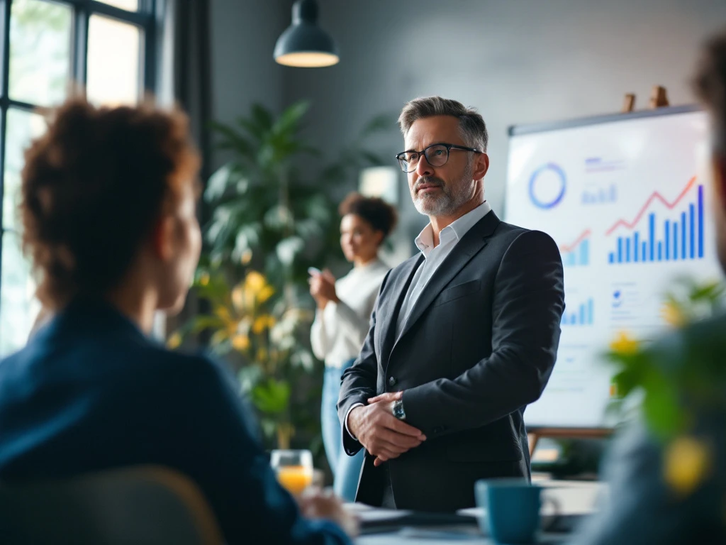 Interim marketingmanager in gesprek met divers team in een modern kantoor, met een digitaal whiteboard en natuurlijke lichtinval.