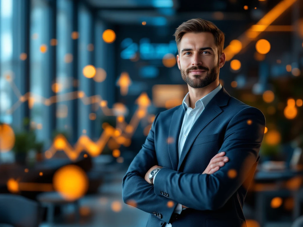 Een interim marketingmanager in een modern kantoor, omringd door pijlen en grafieken, met blauwe en oranje tinten van WerfSelect.