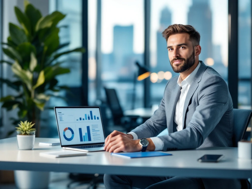 Een productmanager in een modern kantoor zit aan een bureau met een laptop, omringd door een stadzicht en blauw-witte accenten.