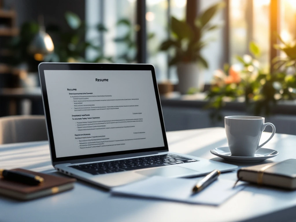 Een moderne bureausetting met laptop en cv, elegante kantoorbenodigdheden, zacht licht, symboliseert professionaliteit en carrièregroei.