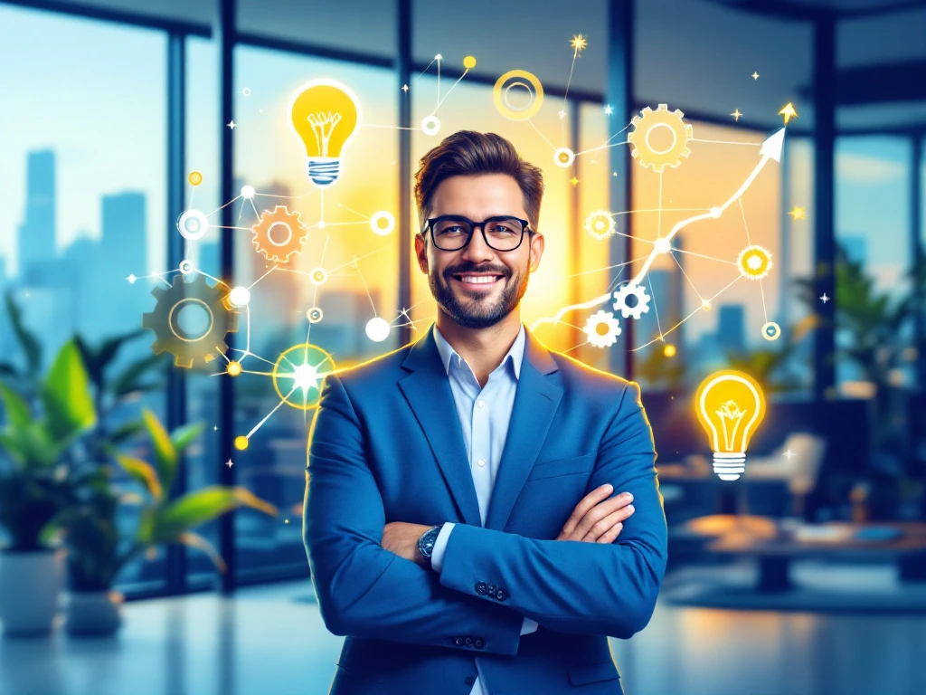 Thumbnail van een zelfverzekerde productmanager in een modern kantoor, omgeven door symbolen van vaardigheden zoals strategie, communicatie, en leiderschap.