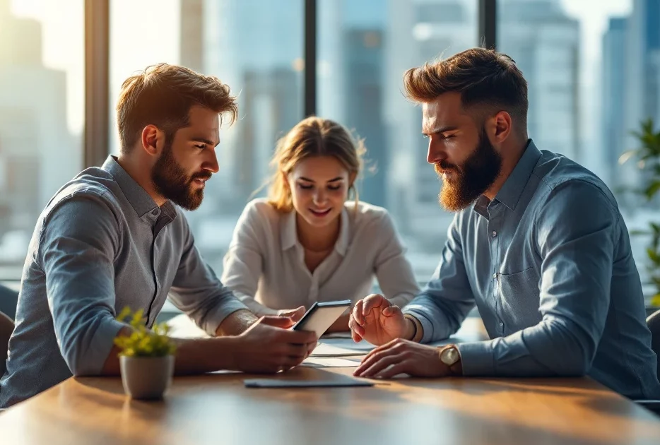 Drie professionals in een modern kantoor overleggen rond een tafel met tablets. Achter hen een onscherpe stad en een plant op tafel.