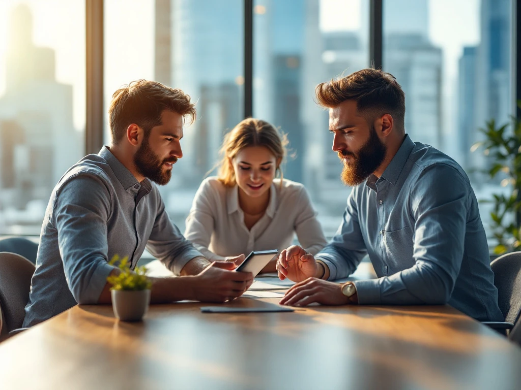 Drie professionals in een modern kantoor overleggen rond een tafel met tablets. Achter hen een onscherpe stad en een plant op tafel.