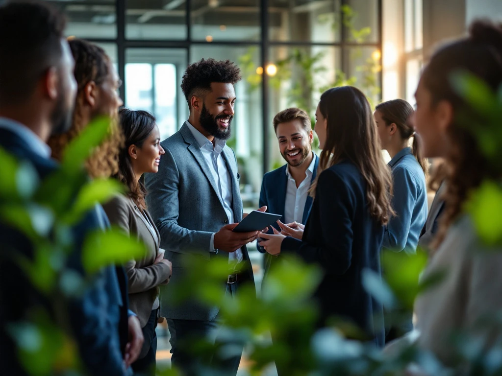 Een diverse groep professionals bespreekt ideeën in een modern kantoor, symboliserend inclusiviteit en samenwerking in recruitment.