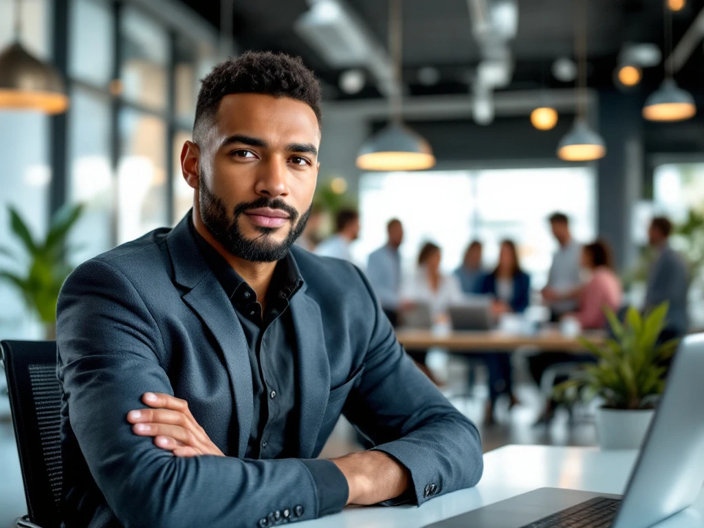 Divers team werkt samen in een modern kantoor, met een charismatische leider op de voorgrond. Het interieur straalt innovatie en succes uit.