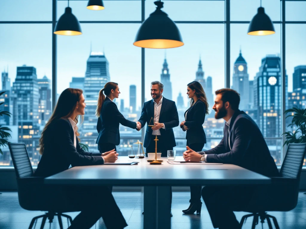 Een diverse groep mensen overlegt in een modern kantoor met uitzicht op Amsterdam, symboliserend de balans en samenwerking in werkrelaties.