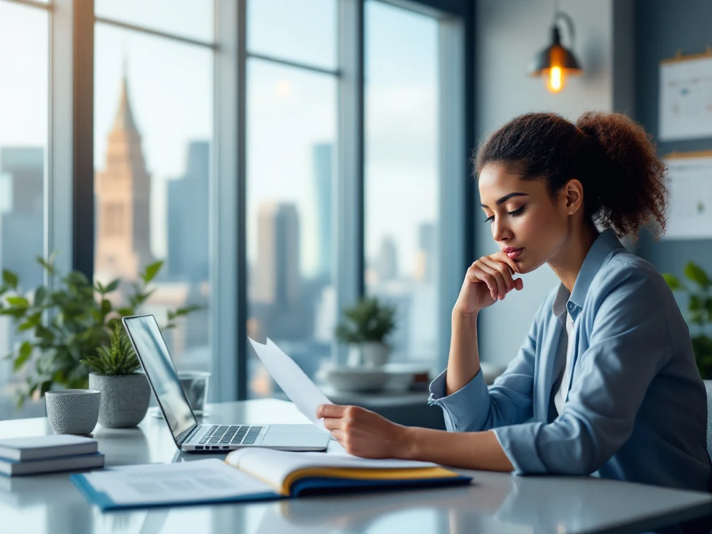 Een freelance professional bekijkt documenten in een modern kantoor met skyline, laptop en kalender. Kleuren: blauw en grijs.