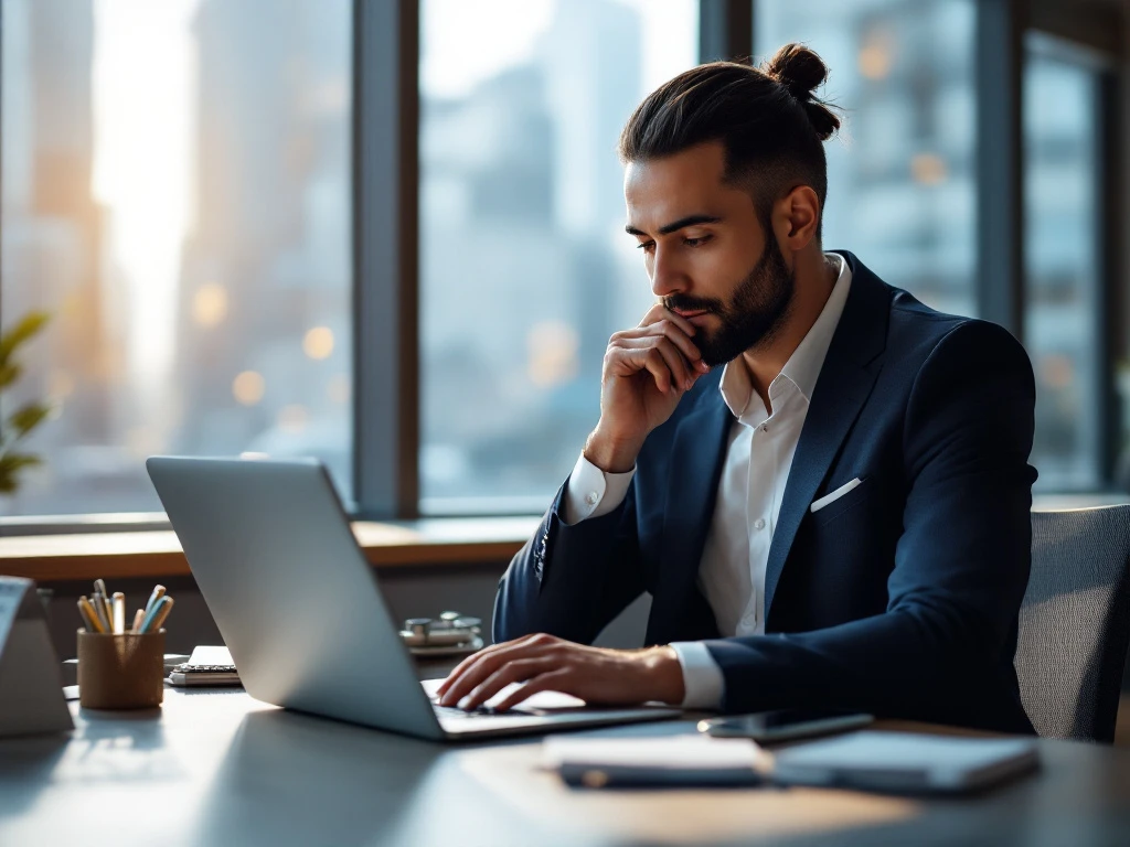 Interim professional bij laptop in een modern kantoor met stadszicht, omgeven door freelance symbolen. Blauwe en grijze tinten domineren.