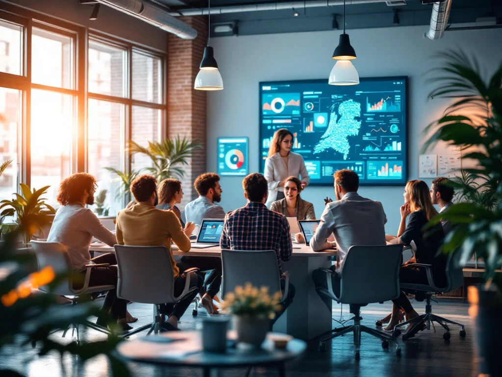 Professionals werken samen aan een moderne tafel in een kantoor in Nederland, omringd door technologie en natuurlijk licht.