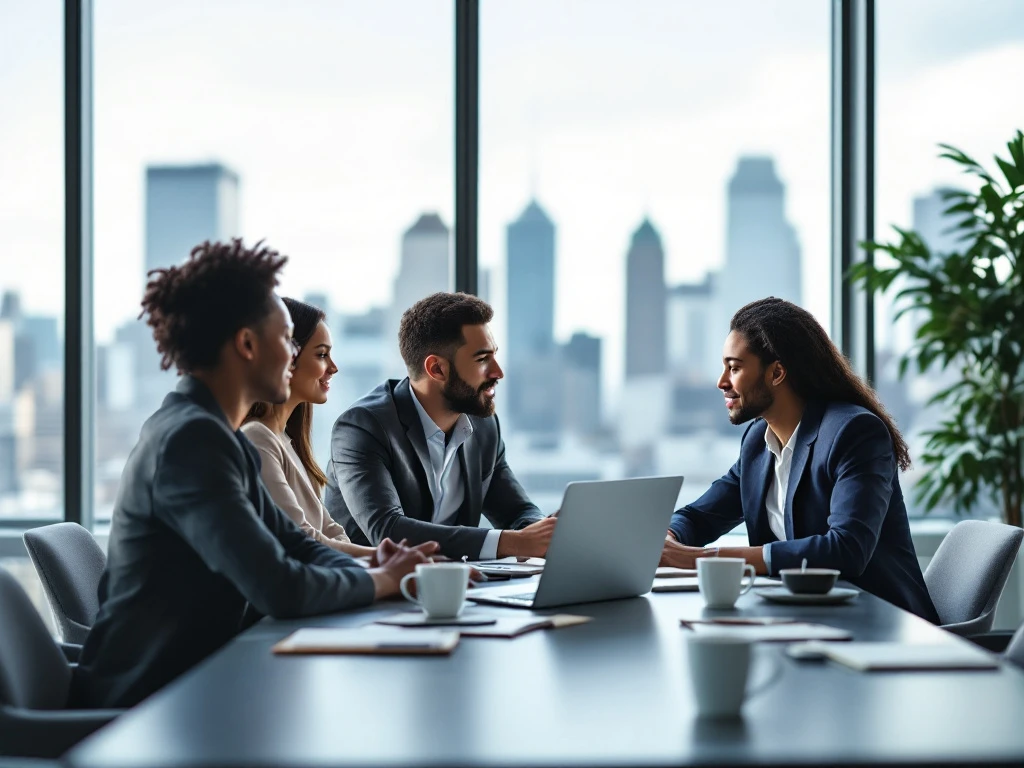Een professionele kantooromgeving met freelancers en werkgevers rond een tafel, in discussie over "schijnzelfstandigheid".