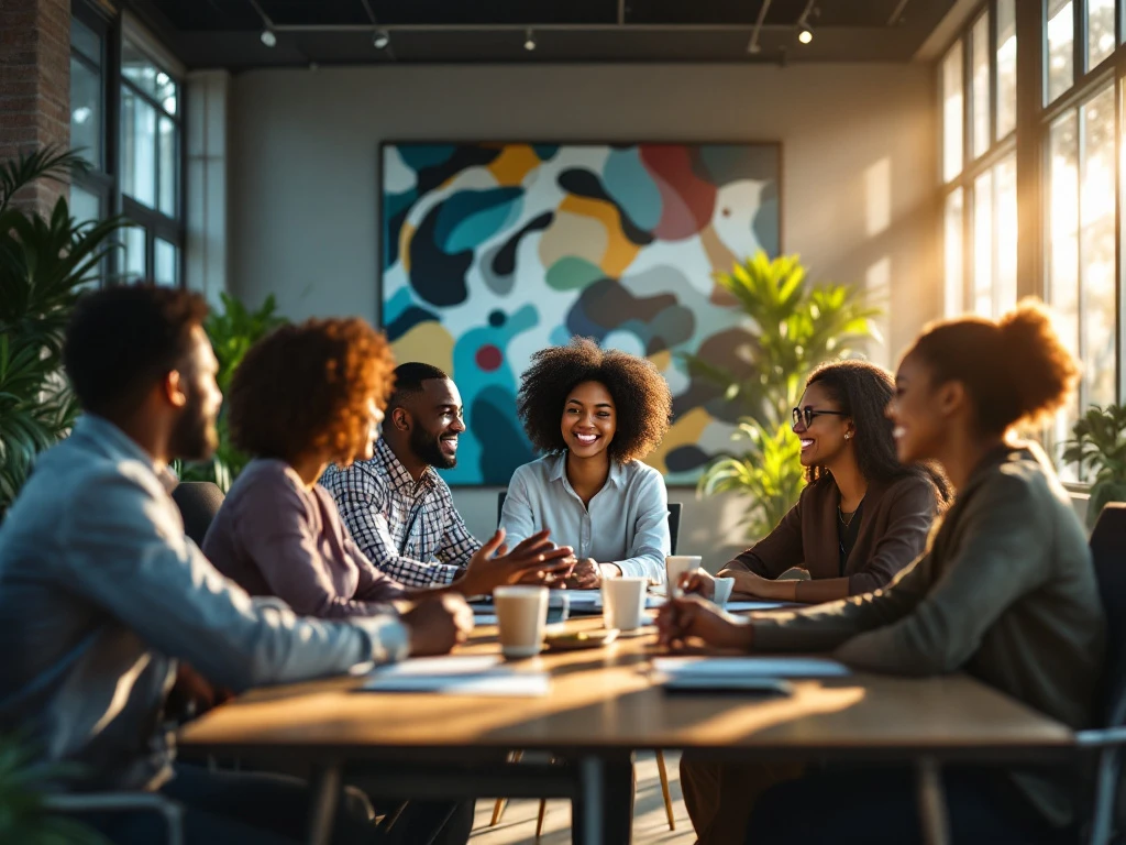 Een diverse groep professionals vergadert in een modern kantoor vol licht en groen, wat samenwerking en innovatie uitstraalt.
