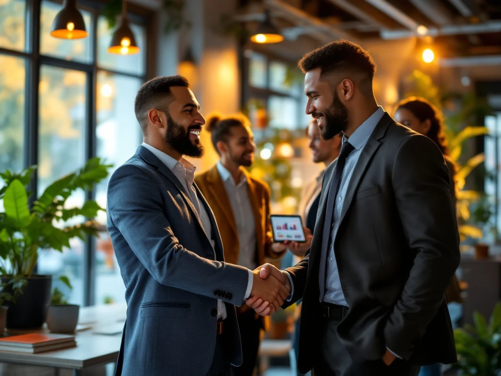 Moderne Nederlandse kantooromgeving met diverse professionals. Freelancer en recruiter schudden handen, symboliseren samenwerking.