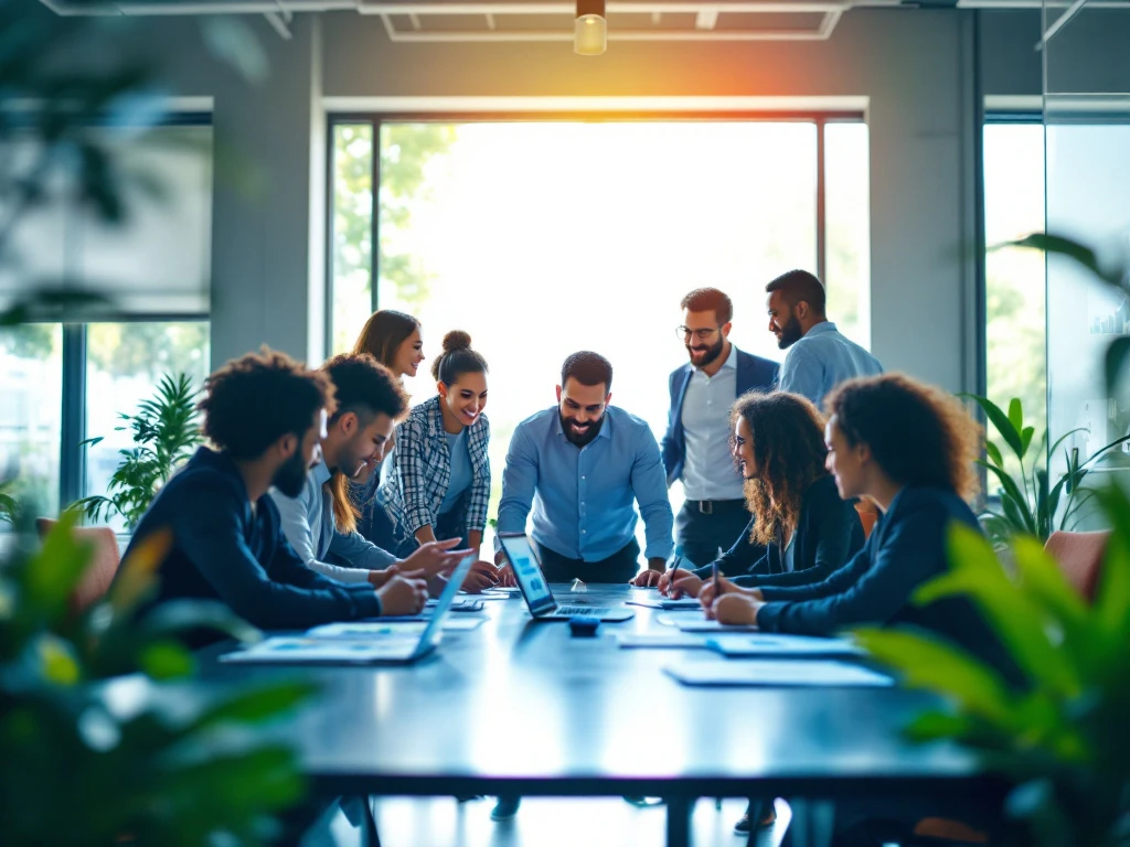 Een levendig kantoor met diverse professionals rond een tafel, daglicht door ramen, laptops en whiteboards, symboliseert groei en innovatie.