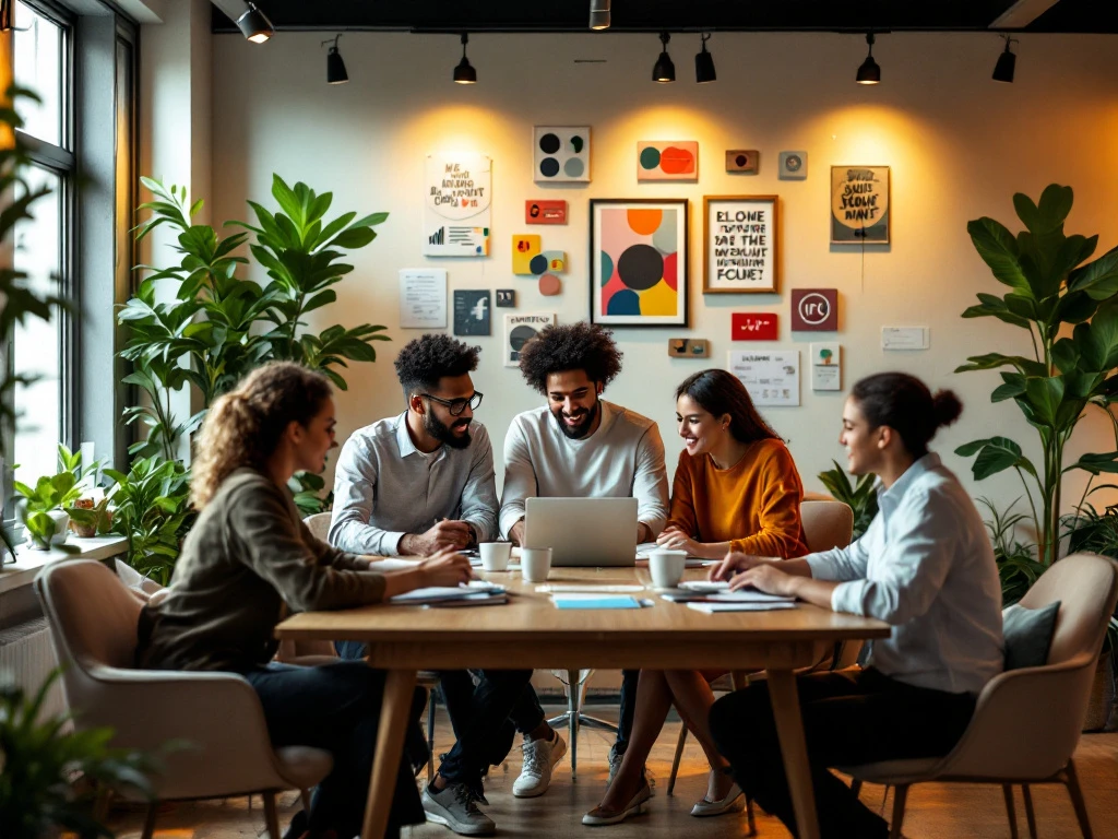 Een diverse groep professionals werkt samen in een modern kantoor met warme verlichting, planten, ergonomisch meubilair en abstracte kunst.