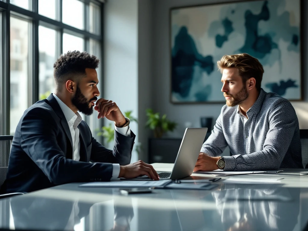 Een consultant en ZZP'er bespreken Wet DBA-compliance aan een moderne vergadertafel met laptop, omgeven door kunst en natuurlijk licht.