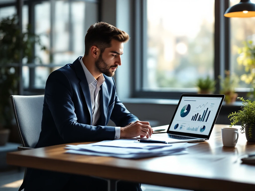 Zakelijke omgeving met recruiter die documenten beoordeelt aan bureau; laptop met data-analyse, plantje, neutrale tinten en accenten.