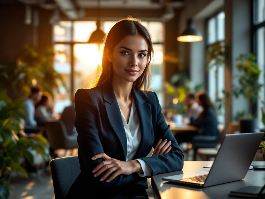 Professioneel in elegant pak in verlichte kantooromgeving met laptop en notitieboek, omringd door team; sfeer van samenwerking en expertise.