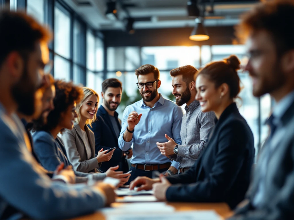 Een diverse groep professionals overlegt in een modern kantoor, symboliserend talentverbinding. De sfeer is warm en professioneel.