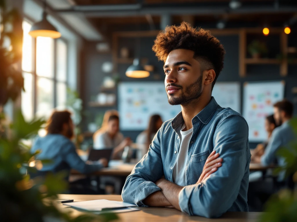 Modern kantoor met diverse professionals. Een jonge leider overlegt vooraan, terwijl collega's samenwerken. Innovatie en groei benadrukt.