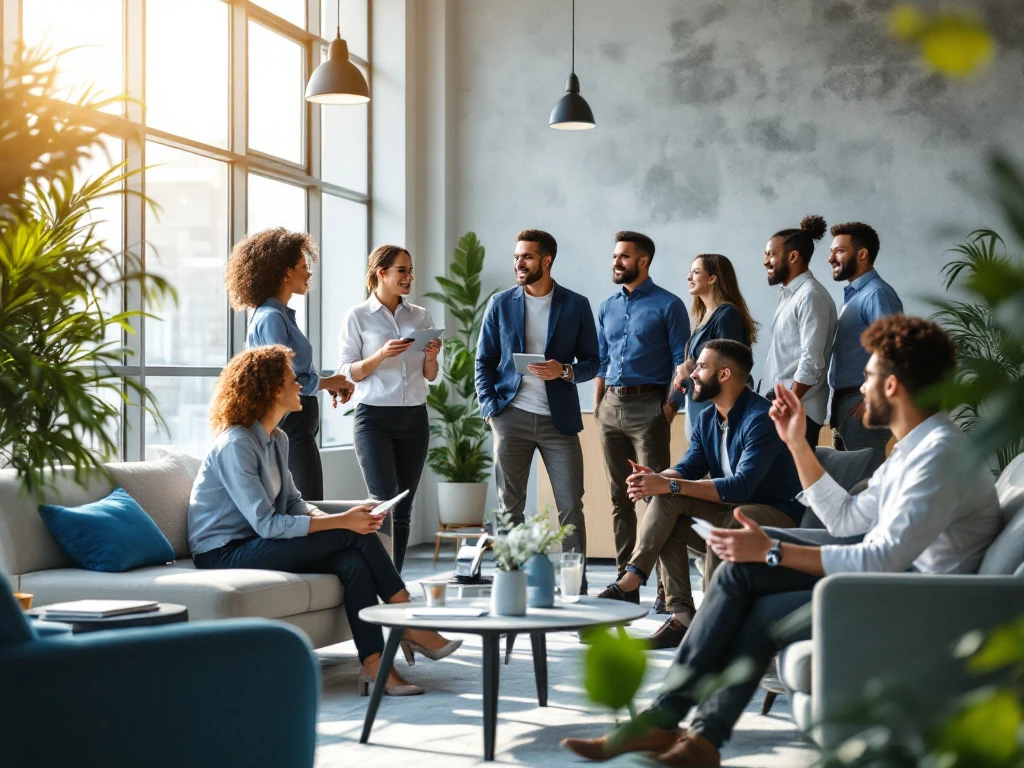 Een diverse groep professionals in een modern kantoor, bezig met overleg. Zonlicht en schaduwen benadrukken samenwerking en succes.