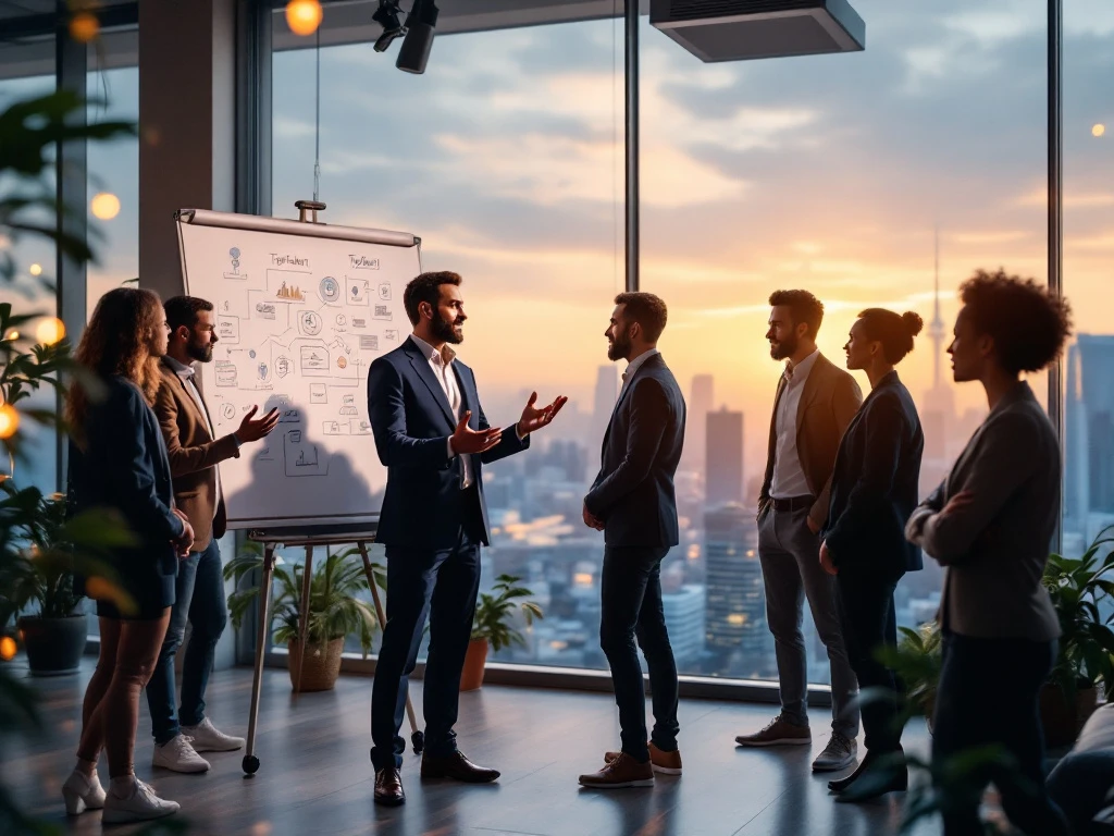Een moderne kantooromgeving met diverse professionals. Centraal, een charismatische persoon bij een whiteboard, omringd door geïnteresseerde collega's.