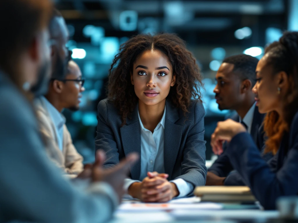 In een modern kantoor overlegt een diverse groep professionals. Een zelfverzekerde vrouw staat centraal, symbool voor top talent.