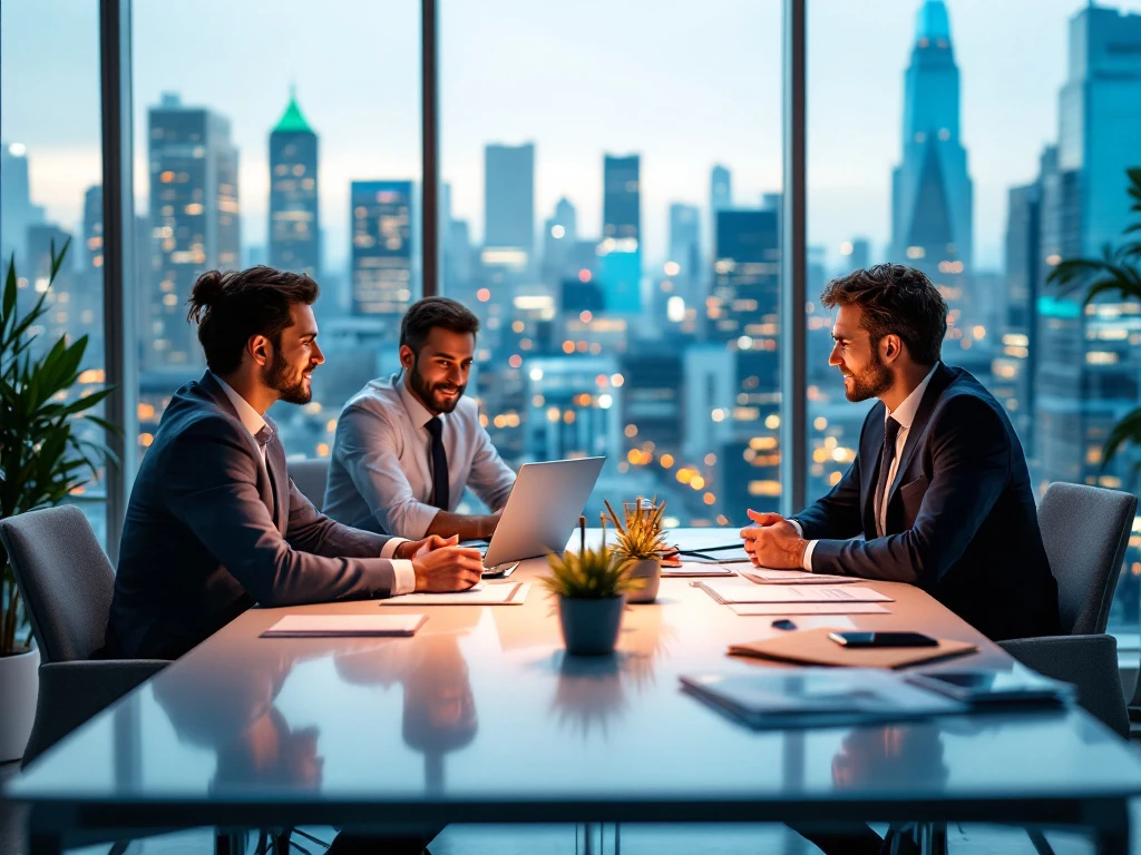 Thumbnail van een moderne kantoorvergadering die interim en vaste managers vergelijkt, met diverse professionals en een stedelijke achtergrond.
