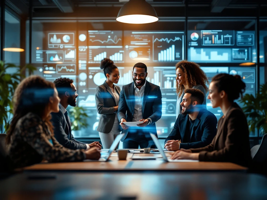 Een diverse groep professionals werkt samen rond een moderne tafel in een kantoor, met een digitale interface op de achtergrond.