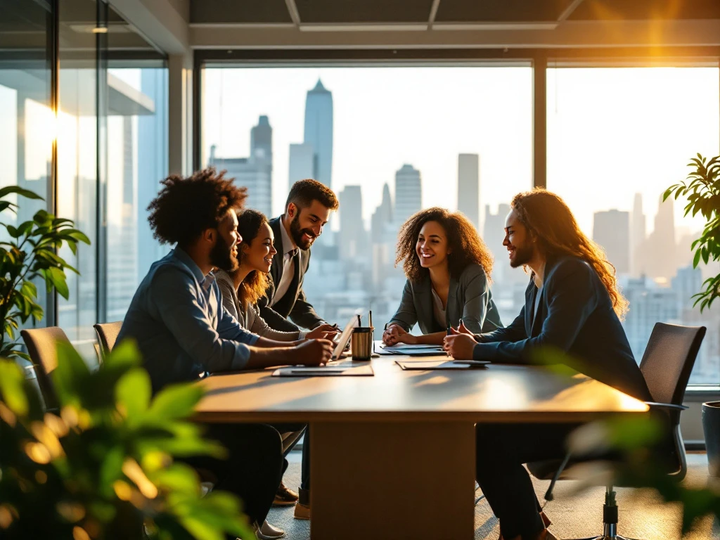 Professionals van diverse achtergronden werken samen in een modern kantoor met veel natuurlijk licht en uitzicht op een drukke stad.