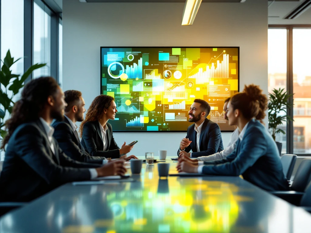 Een diverse groep professionals overlegt aan een moderne vergadertafel, met data-analysepatronen op een scherm, in een licht kantoor.