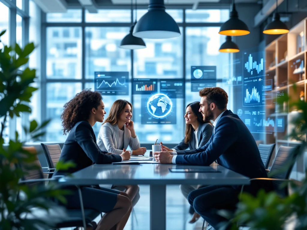 Een moderne kantooromgeving met diverse professionals die rond een tafel samenwerken, omringd door daglicht en technologie.