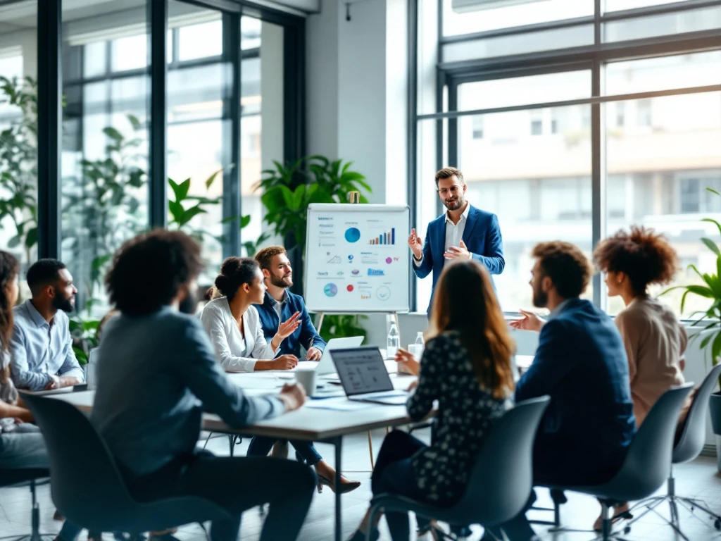 Professionals vergaderen rond een tafel in een modern kantoor, symboliserend samenwerking en groei binnen WerfSelect.