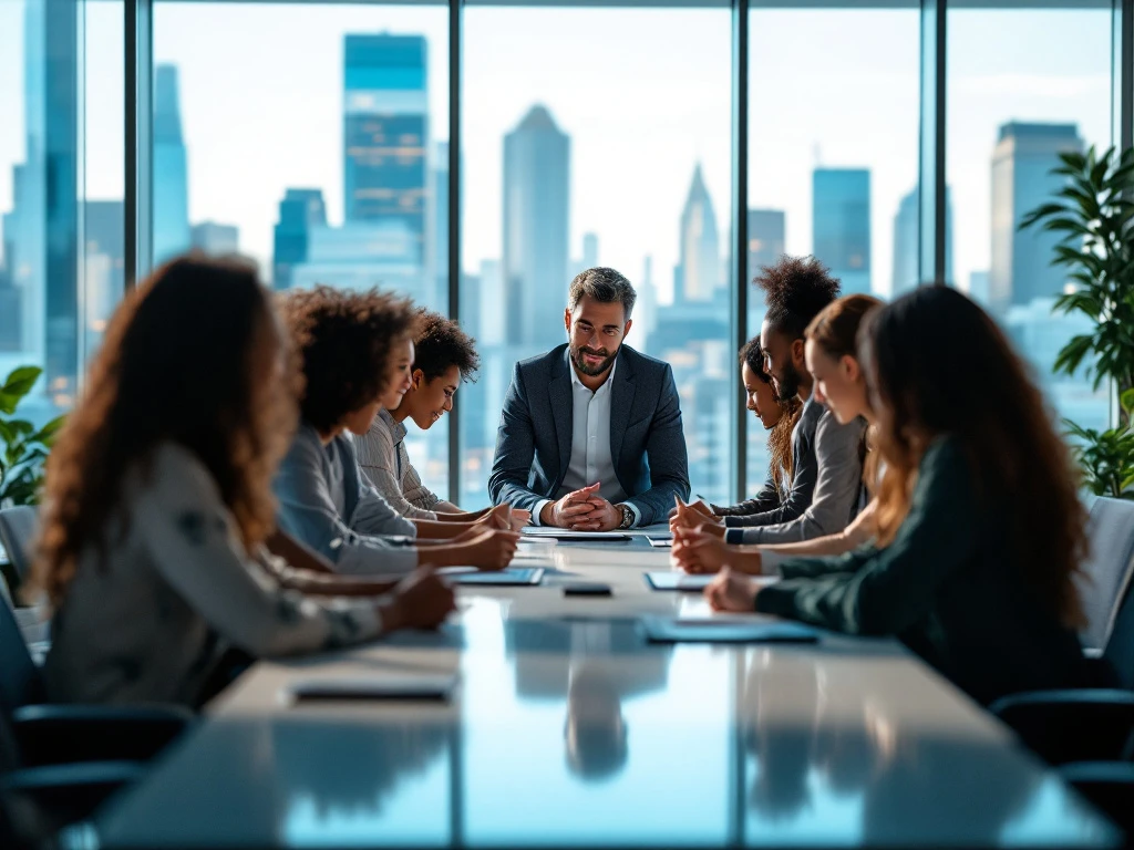 Een diverse groep nieuwe medewerkers volgt een onboarding sessie in een modern kantoor met uitzicht op de stad, begeleid door een mentor.