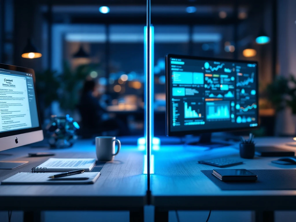 Vergelijkende werkruimtes van content- en digital marketers met specifieke tools: notitieblok en blogartikels links, analyticsdashboards en campagnemetrieken rechts, verbonden door transparante verdeler.