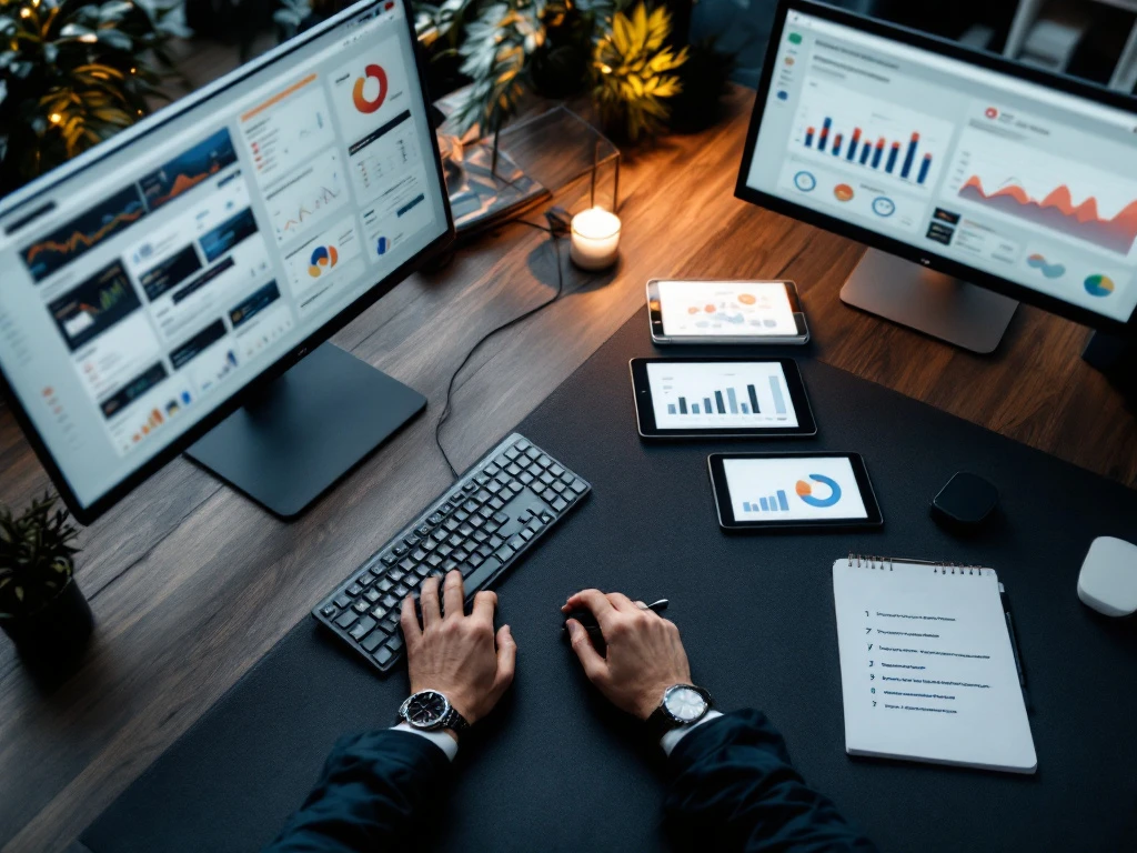 Professionele marketingwerkplek met analytische dashboards op meerdere schermen, waar iemand typt naast georganiseerde marketingtools in een modern kantoor met blauwe accenten.