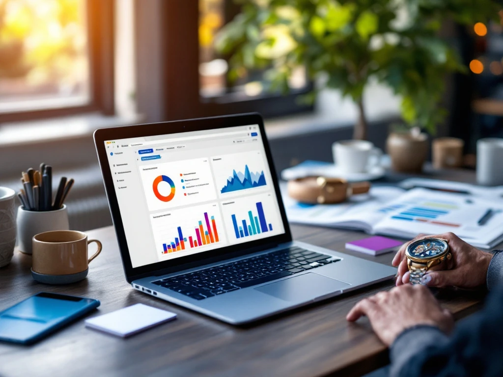 Professioneel bureau met laptop toonend marketingdashboard, smartphone met kandidaatprofielen en visitekaartjes die een vacante marketingpositie aanduiden.
