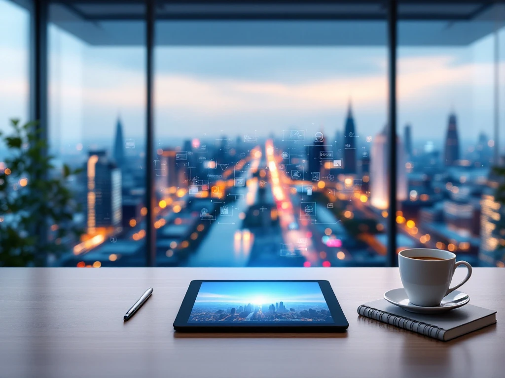 Futuristische werkplek met holografische marketinggegevens, tablet met vacaturesites, en uitzicht op stadslandschap in ochtendlicht met koffie en notitieblok.