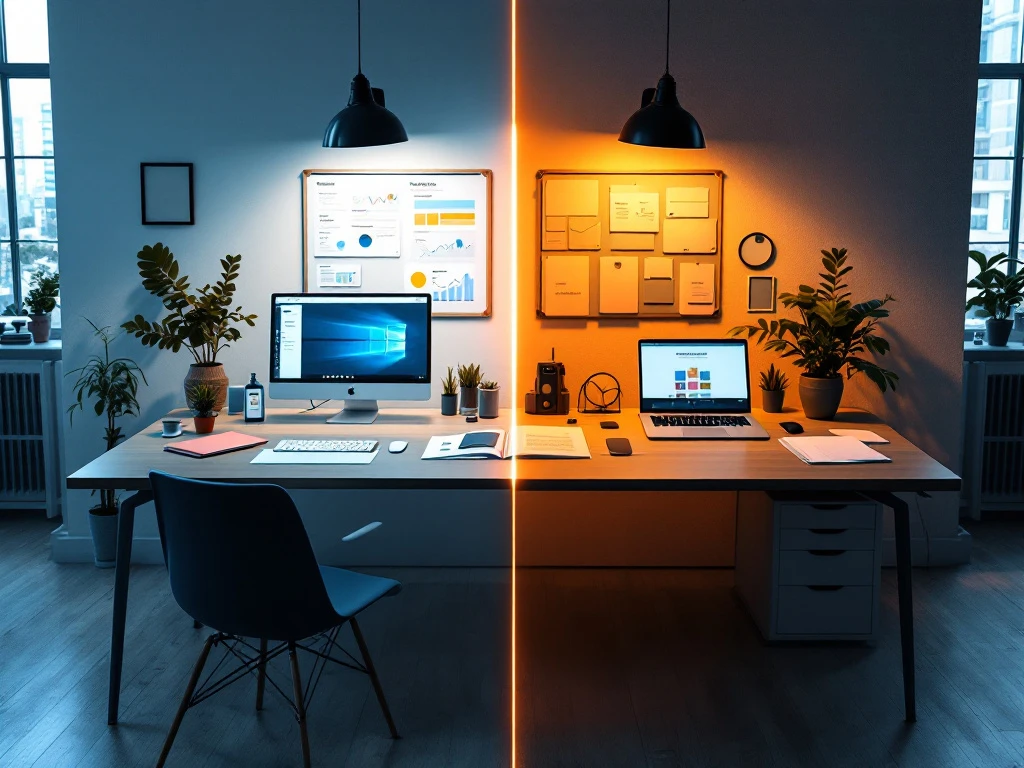 Professioneel bureau met twee werkruimtes die interim- en freelance marketingrollen vergelijkt, verbonden door subtiel element, in WerfSelect's huisstijlkleuren.