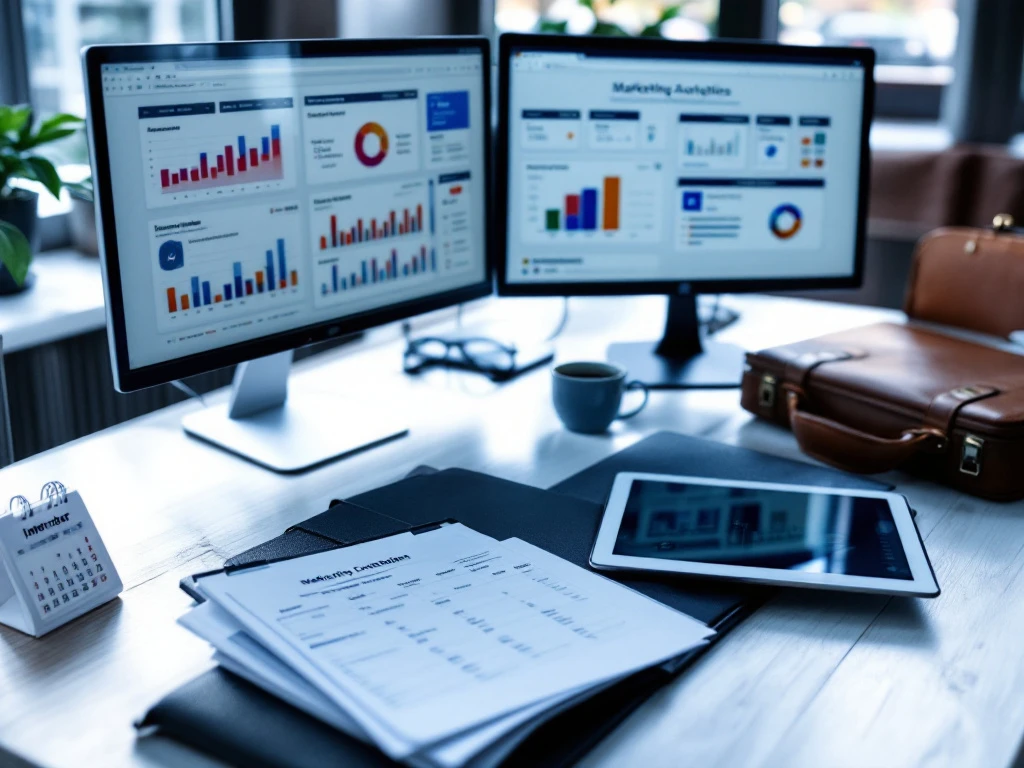 Professionele werkplek met marketinganalyses op dubbele monitoren, opengeslagen portfolio, tablet met tijdlijnen en een aktetas die interim-werk symboliseert.