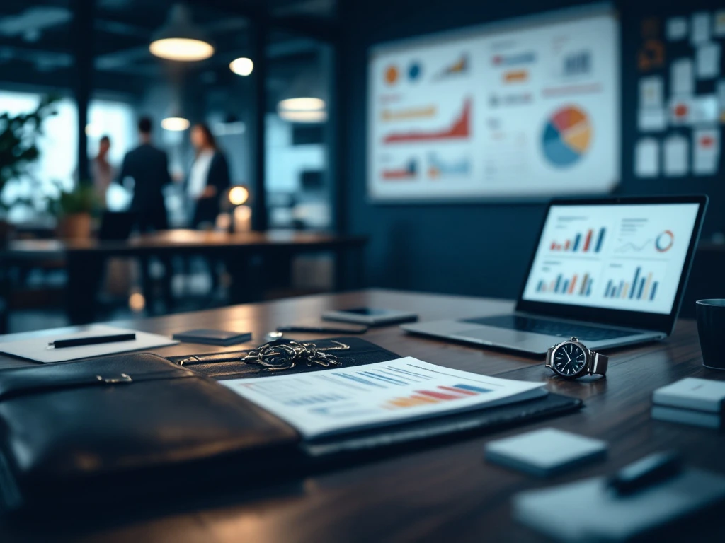 Moderne werkplek met marketingstrategie document, laptop met analytics, leren portfolio en visitekaartjes. Lege bureaus op achtergrond tonen interim werkomgeving.