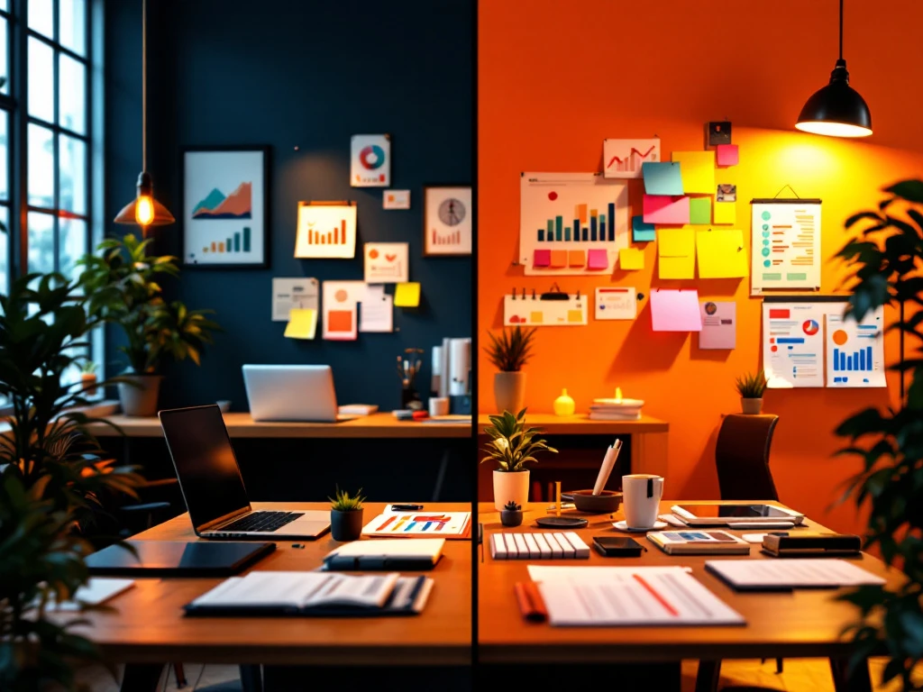Twee contrasterende werkplekken: links een georganiseerd bureau met warme verlichting voor stabiliteit, rechts een dynamische opstelling met koele belichting voor flexibel werk.