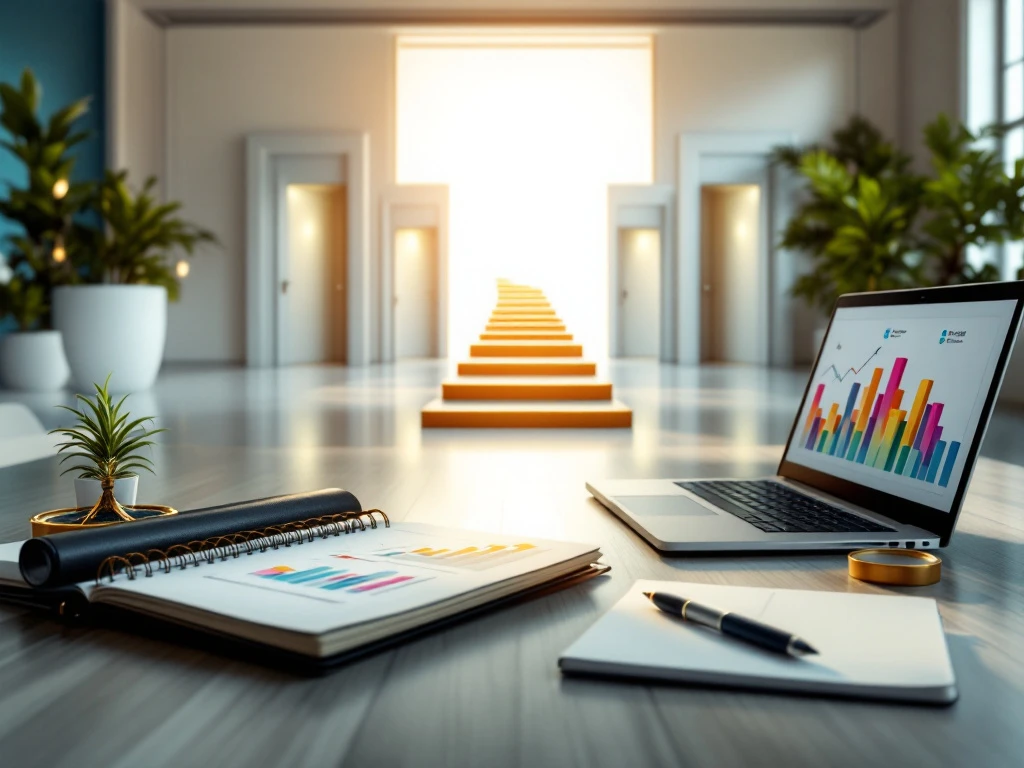 Moderne marketingwerkplek met analytieklaptop, portfolio en loopbaancompas wijzend naar groeikansen in een lichte kantoorruimte