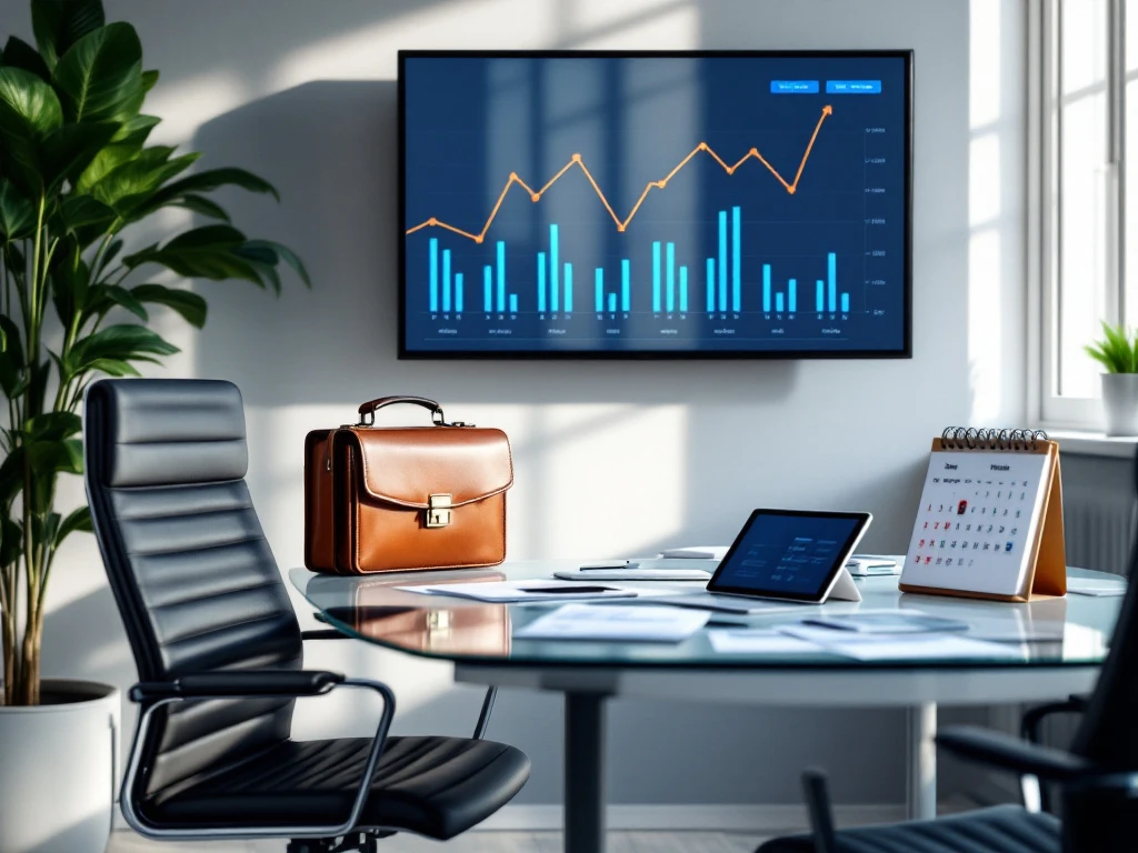 Professionele vergaderruimte met glazen tafel, marketingdashboard met stijgende grafieken, agenda met planning en tablet met campagnematerialen in natuurlijk licht.