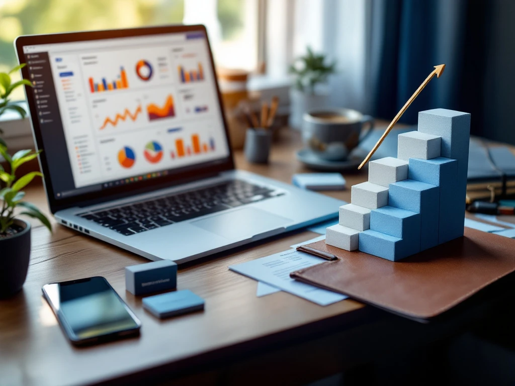 Professionele marketingwerkplek met opwaartse carrièrepad, laptop met dashboards, smartphone met sollicitatie-interface en strategisch geplaatste marketingtools.
