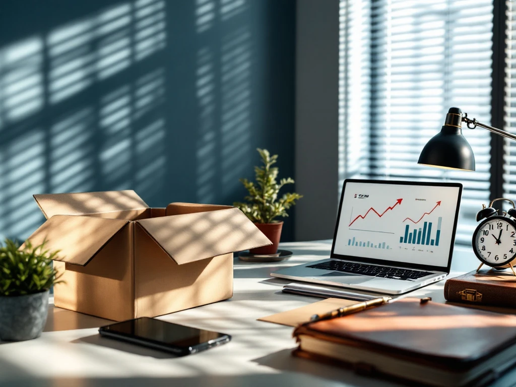 Bureau van marketingprofessional tijdens baanwissel met ingepakte doos, dalende grafieken op laptop, vacaturemeldingen op smartphone en cv in portfolio.