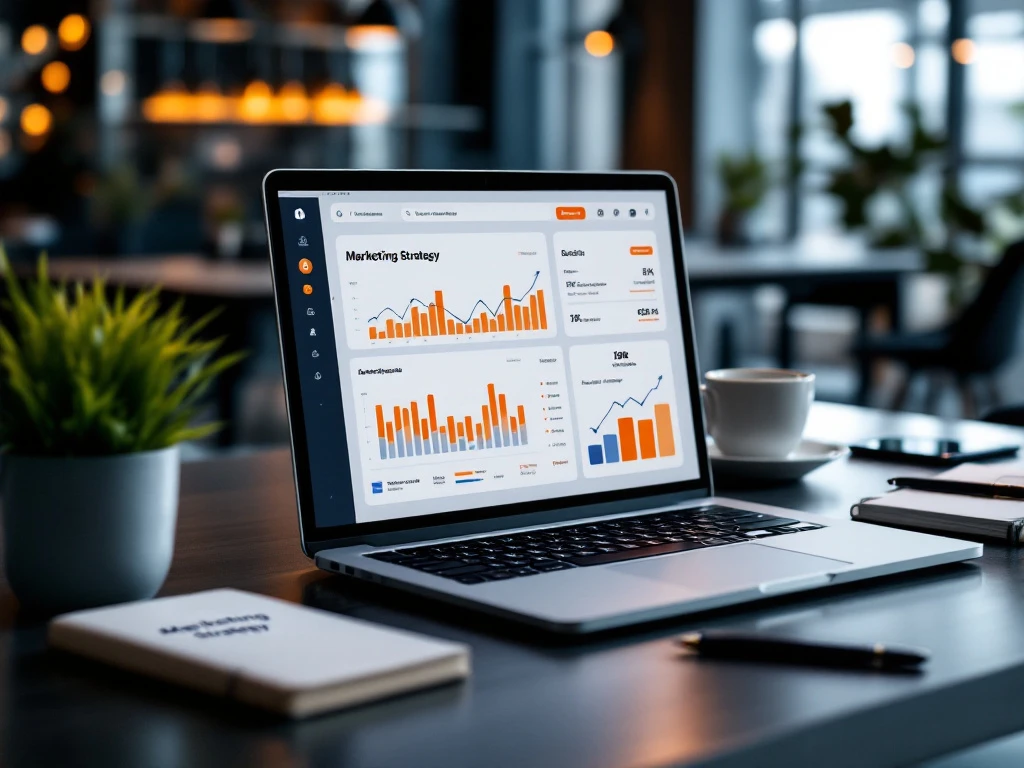 Professionele marketingwerkplek met laptop die analysedashboard toont, smartphone met vacaturenotificaties, strategienotitieboek en stijlvolle kantooraccessoires in moderne kantooromgeving.