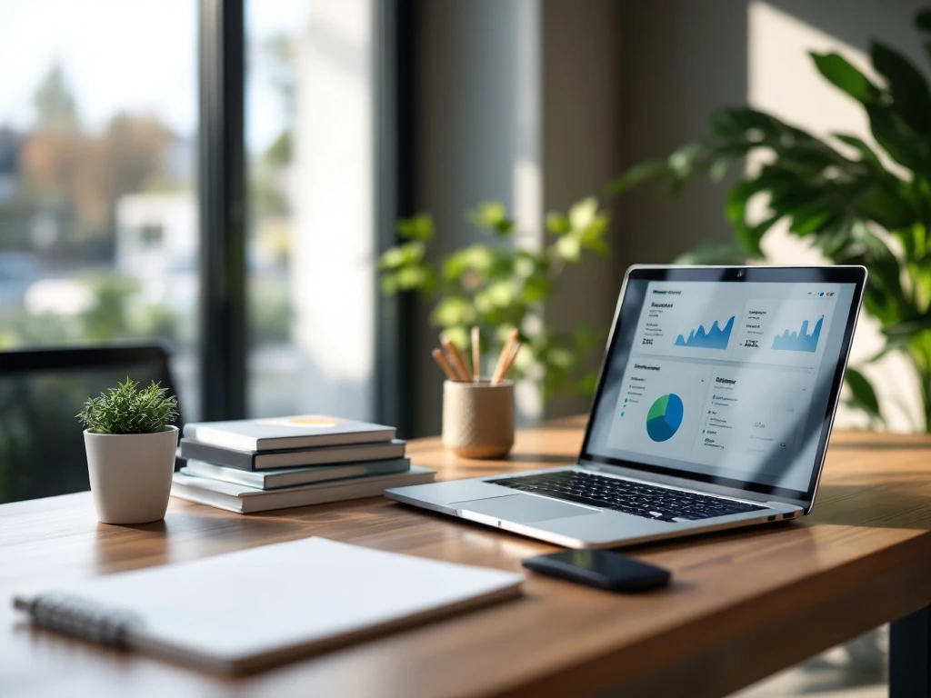 Professionele werkruimte met laptop, marketingportfolio's en visitekaarthouder op houten bureau. Dashboard met grafieken symboliseert nieuwe marketing uitdaging.