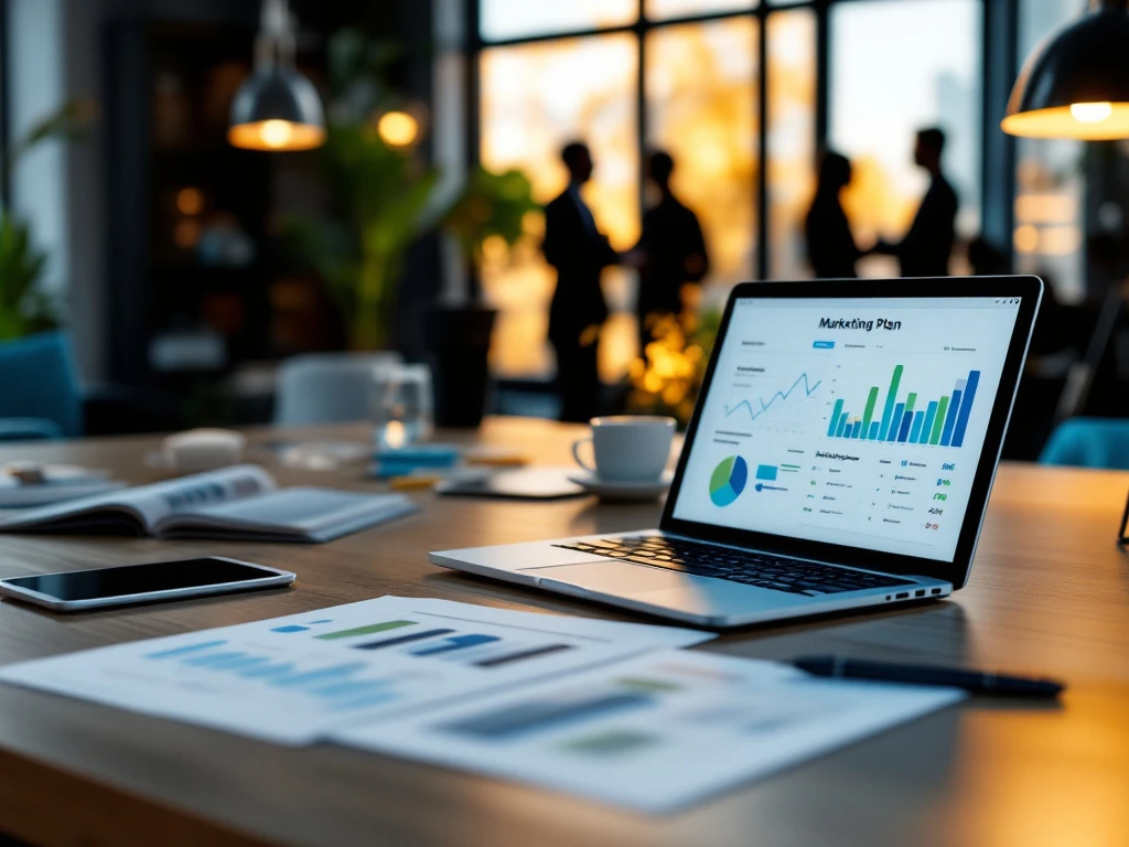 Professionele werkruimte met marketingtools: laptop met analytics, tablet met sociale mediacampagnes, marketingplan en een kompas dat strategie symboliseert.