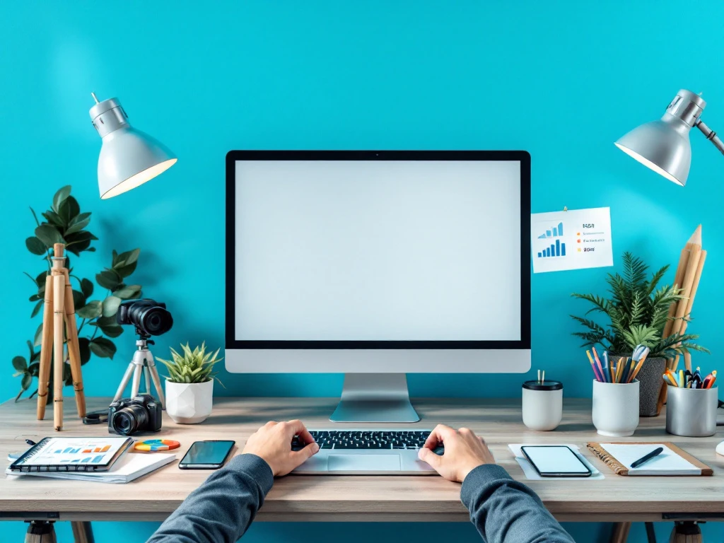 Modern marketingbureau vanuit vogelperspectief met georganiseerde werkstations voor SEO, content en fotografie, inclusief digitale tools en een whiteboard met strategienotities.