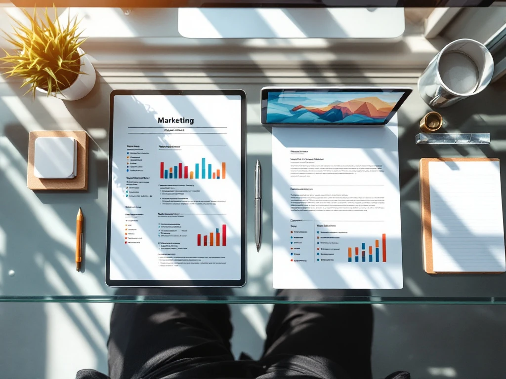 Twee CV's met marketingkwalificaties naast elkaar op een modern bureau, tablet met analysegrafieken, pen ertussen en subtiele kantooraccessoires in professionele kleurtinten.